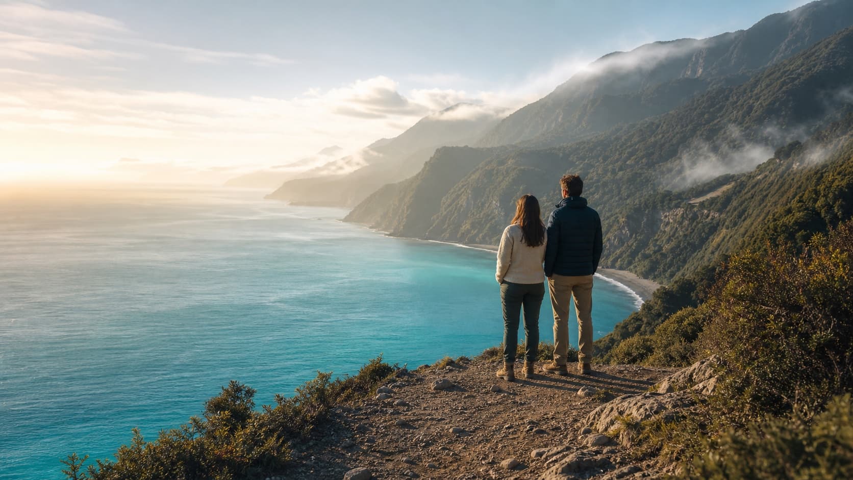 Pareja contemplando una costa de aguas turquesas