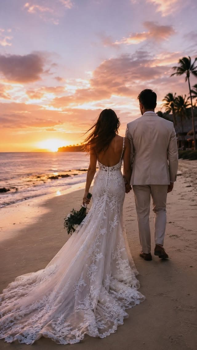 Pareja celebrando su matrimonio frente al mar